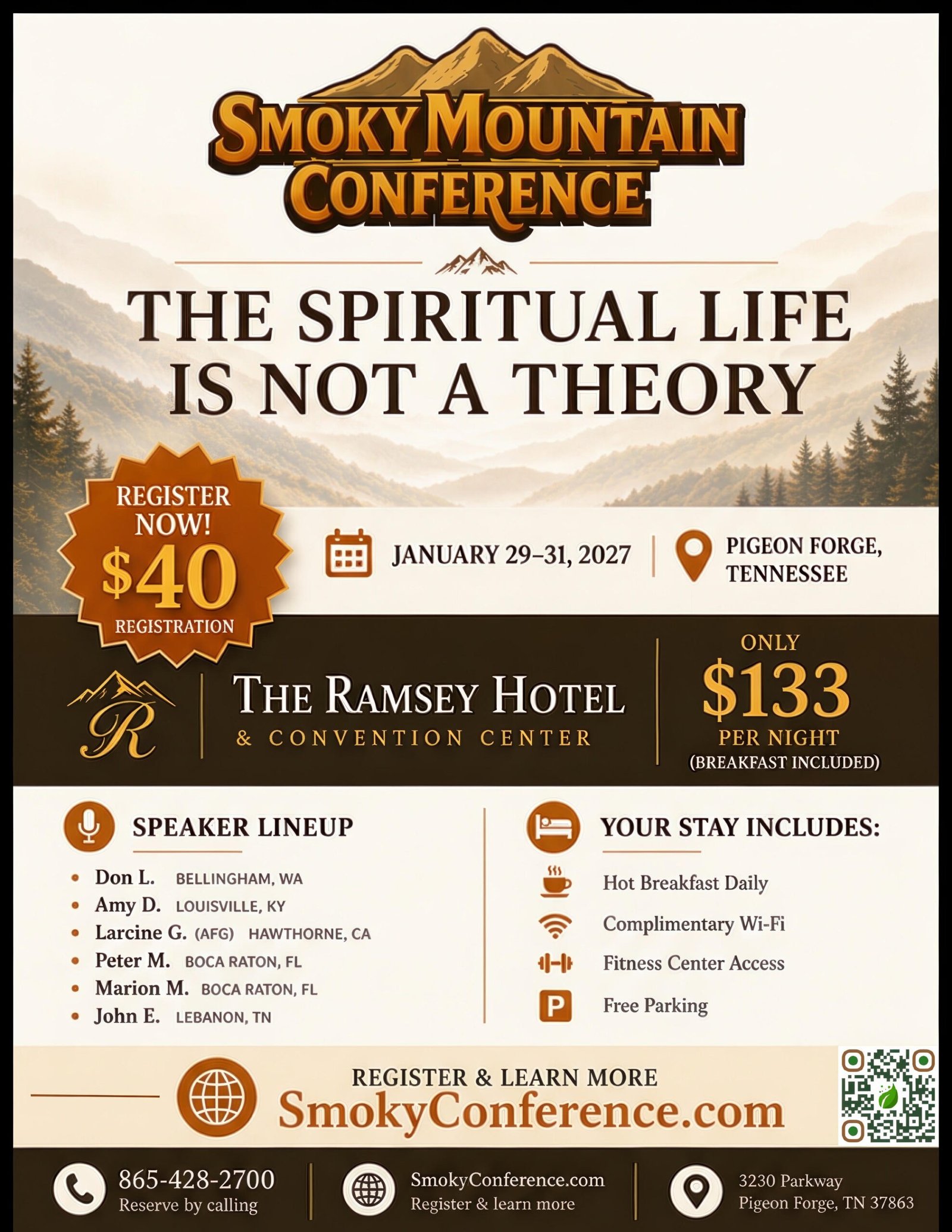 Smoky Mountain Conference flyer - The Spiritual Life is Not a Theory. Jaunary 29th-31st, 2027 in Pigeon Forge Tennessee at the Ramesy Hotel and Convention Center. Register now at smokyconference.com.