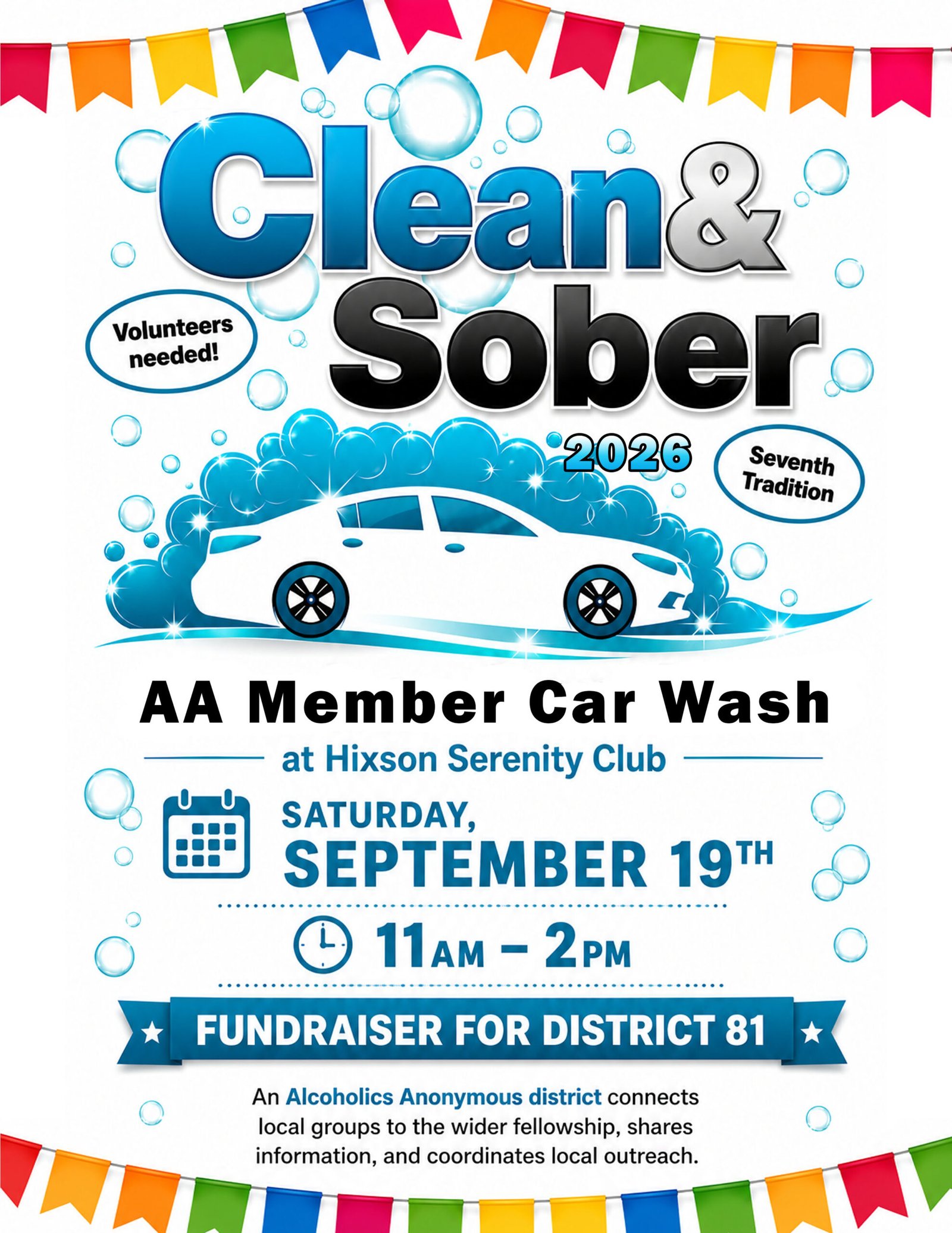 Clean & Sober Flyer - AA Member Car Wash at Hixson Serenity Club Satursday September 19th from 11am to 2pm